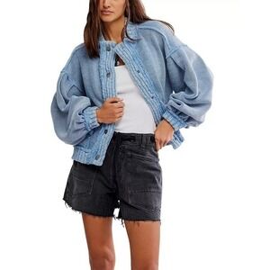 Free People Cute In This Cardi Dusty Blue  Sweater Size XL Bomber Collar NWT